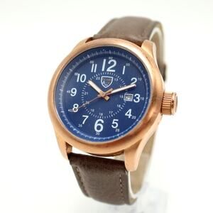 Picard & Cie Mens Blue Date 44mm Watch Rose Gold Tone Faux Leather w New Battery